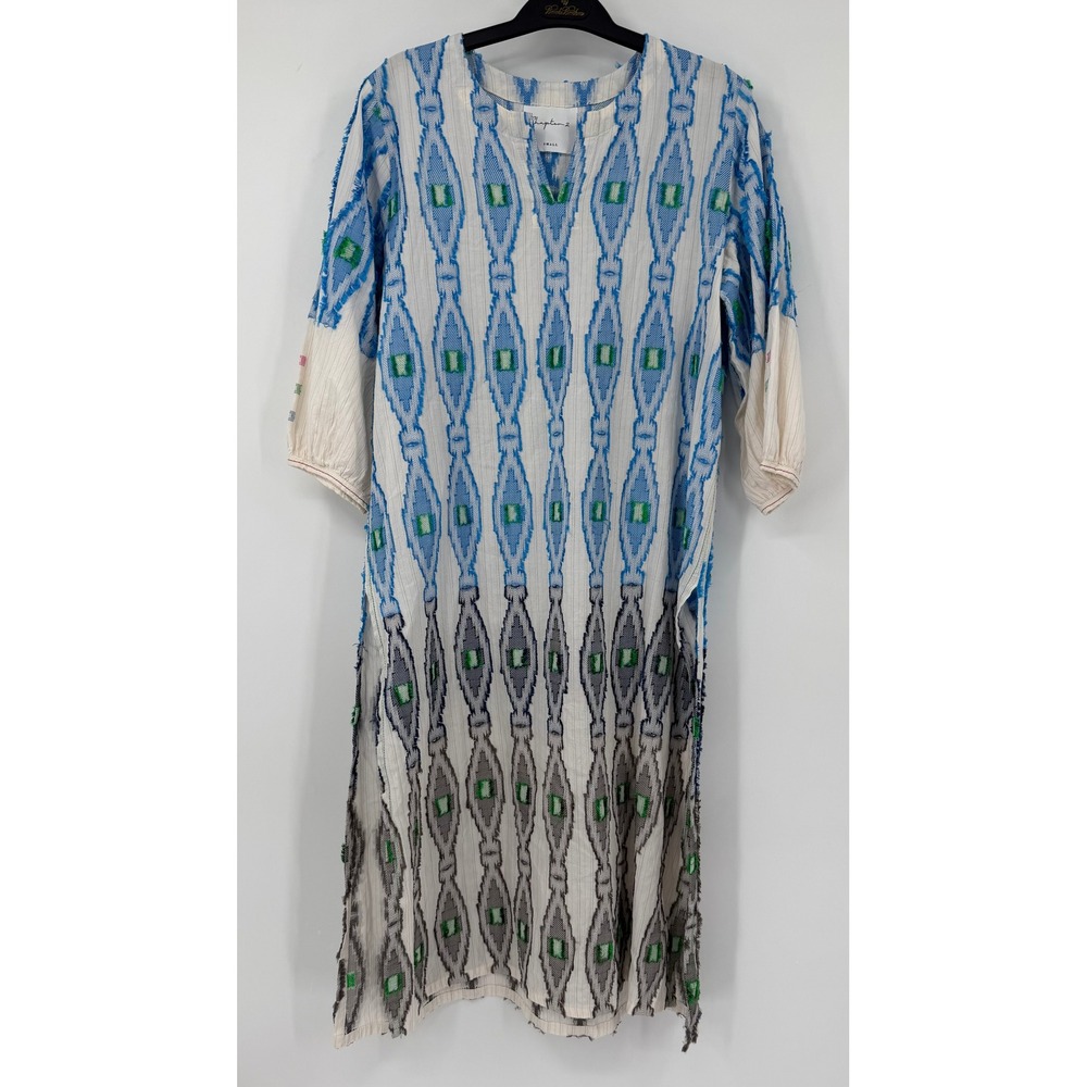 Chapter 2 Women Blue Ikat Eyelash Fringe Midi Dress Tunic Kaftan Small